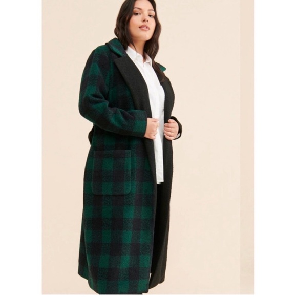 Anthropologie Hutch Half Plaid Green And Black Belted Coat Size 1X - Picture 3 of 4
